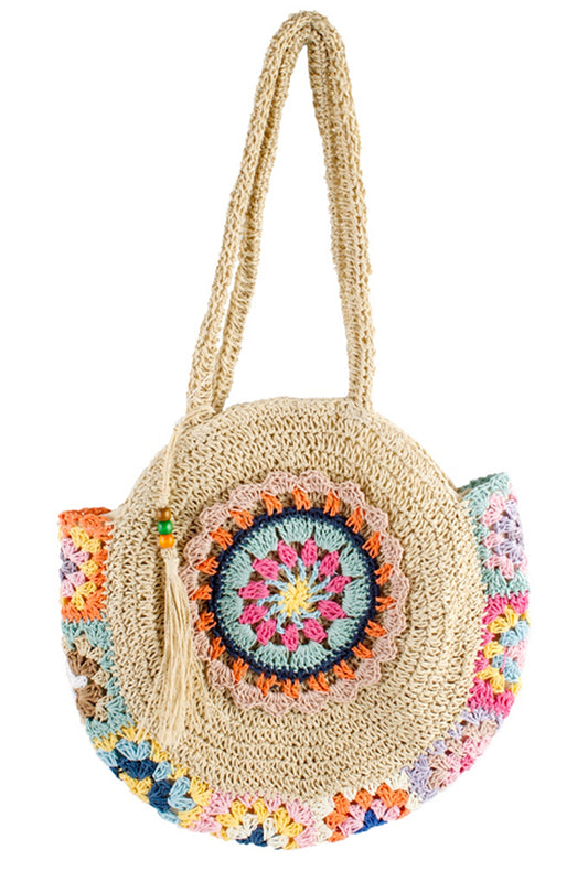 Multi Crochet Round Woven Straw Bag