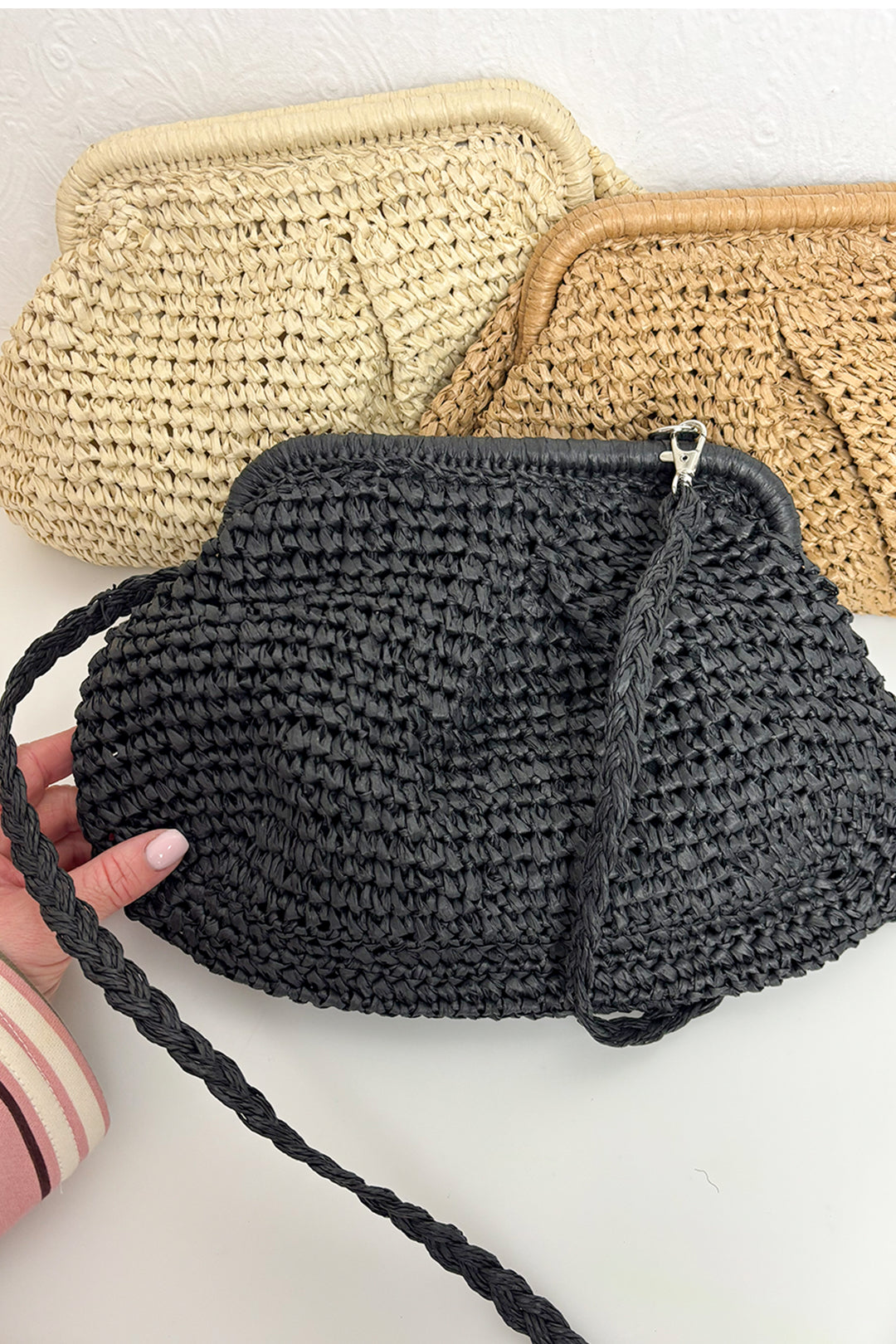 Camel Woven Straw Clutch Bag