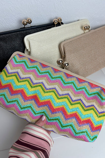Cream Woven Straw Gold Ball Clasp Clutch Bag