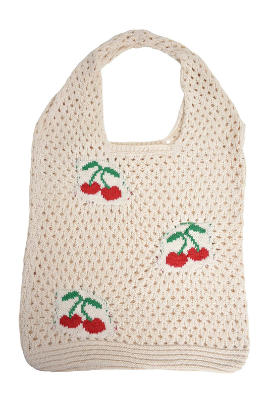 Cream & Cherry Crochet Slouch Tote Bag