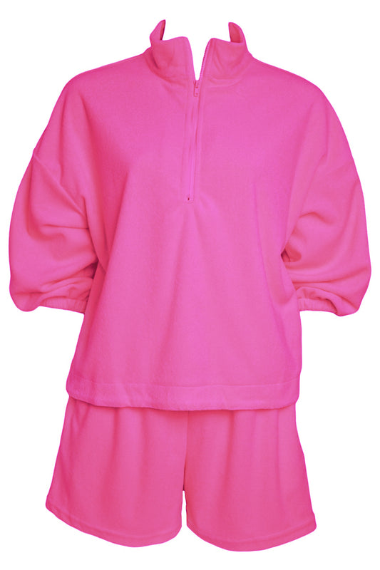 Pink Toweling Quarter Zip & Shorts Co-ord