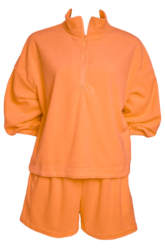 Orange Toweling Quarter Zip & Shorts Co-ord
