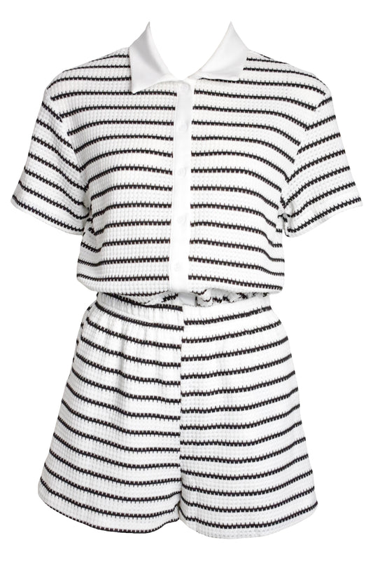 White & Black Striped Knitted Shirt & Shorts Co-ord