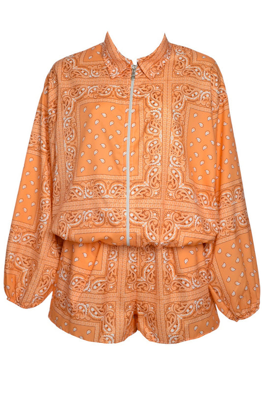 Orange Paisley Bandana Print Zipped Jacket & Shorts Co-ord