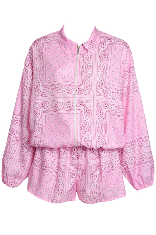 Pink Paisley Bandana Print Zipped Jacket & Shorts Co-ord