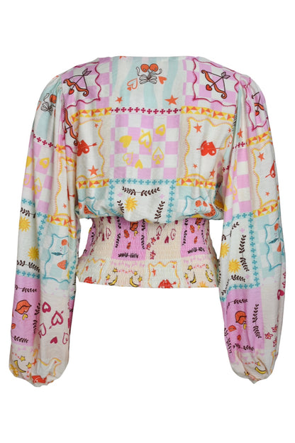 Pink Multi Sun & Heart Print Wrapover Blouse
