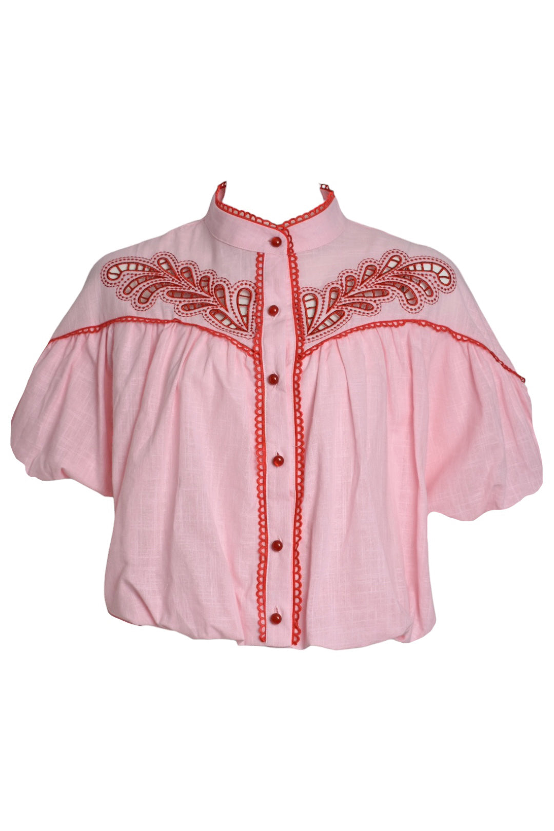 Pink & Red Embroidered Bubble Hem Short Sleeve Blouse