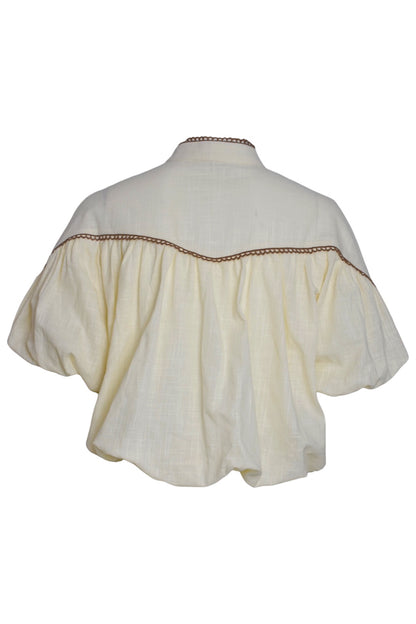 Lemon & Brown Embroidered Bubble Hem Short Sleeve Blouse