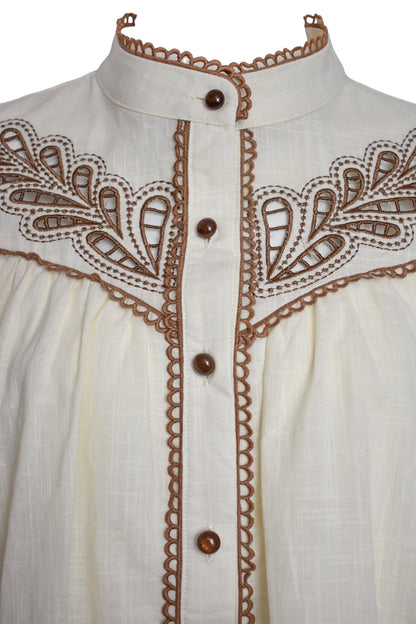 Lemon & Brown Embroidered Bubble Hem Short Sleeve Blouse
