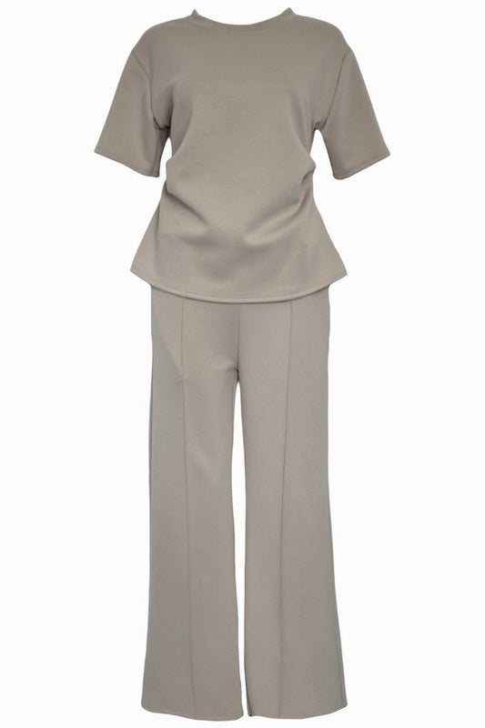 Taupe Ruched Side T-Shirt & Wide Leg Loungesuit