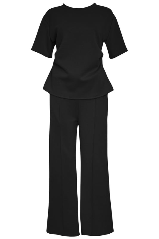 Black Ruched Side T-Shirt & Wide Leg Loungesuit