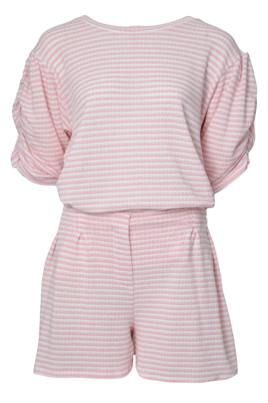 Pink Striped Ruched Sleeve Top & Shorts Co-ord