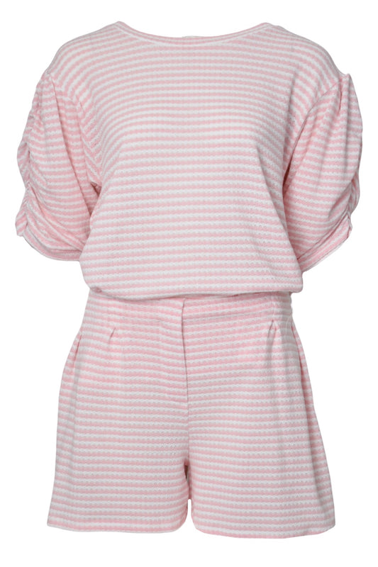 Pink Striped Ruched Sleeve Top & Shorts Co-ord