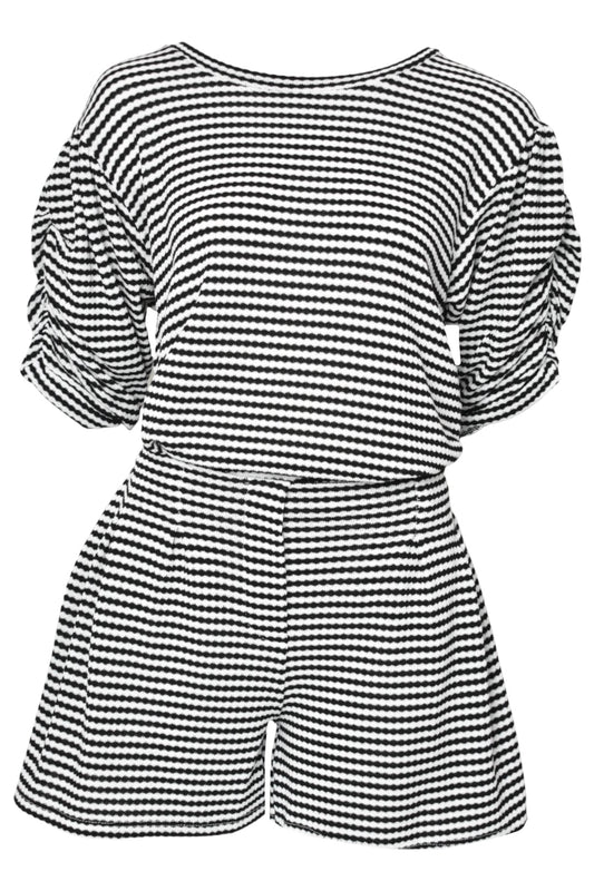 Black Striped Ruched Sleeve Top & Shorts Co-ord