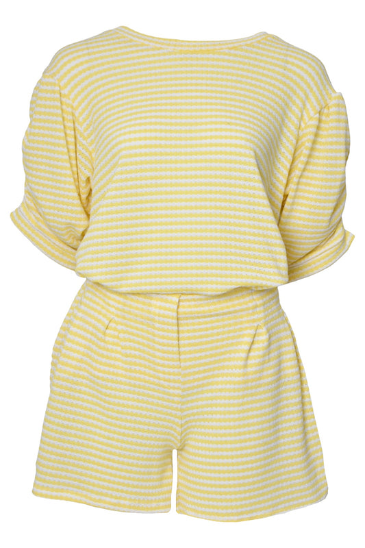Lemon Striped Ruched Sleeve Top & Shorts Co-ord