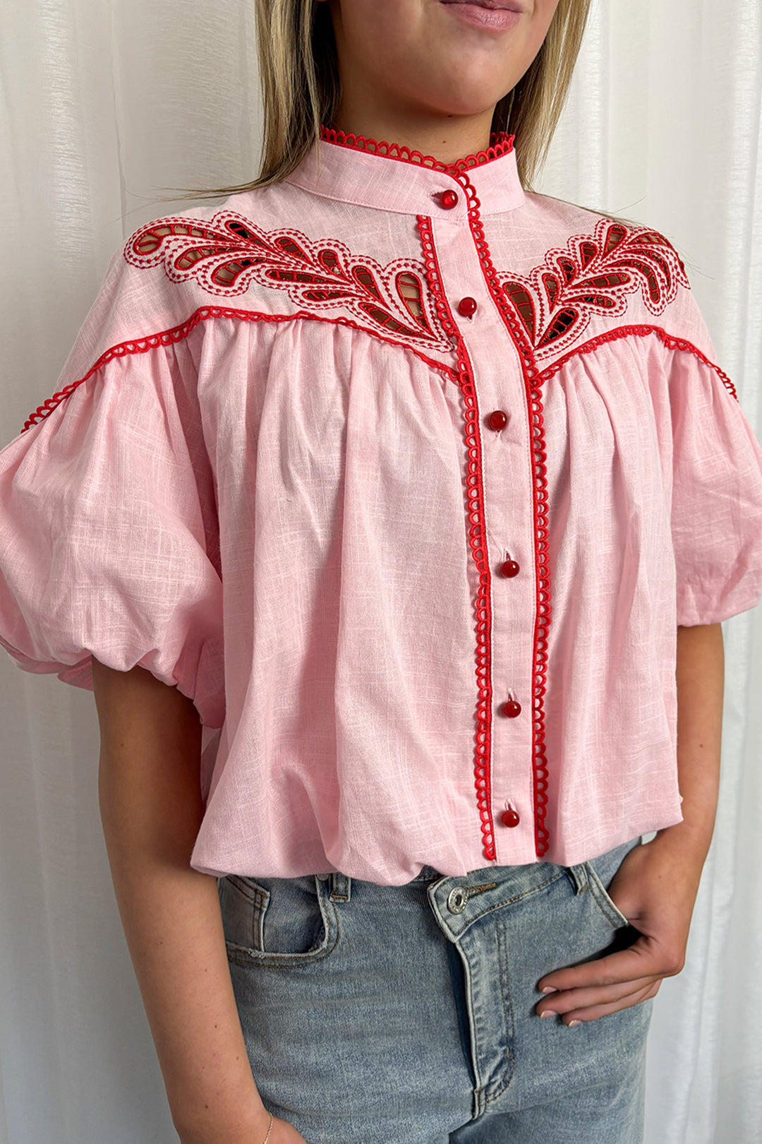 Pink & Red Embroidered Bubble Hem Short Sleeve Blouse