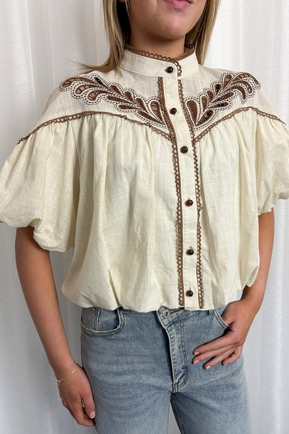 Lemon & Brown Embroidered Bubble Hem Short Sleeve Blouse