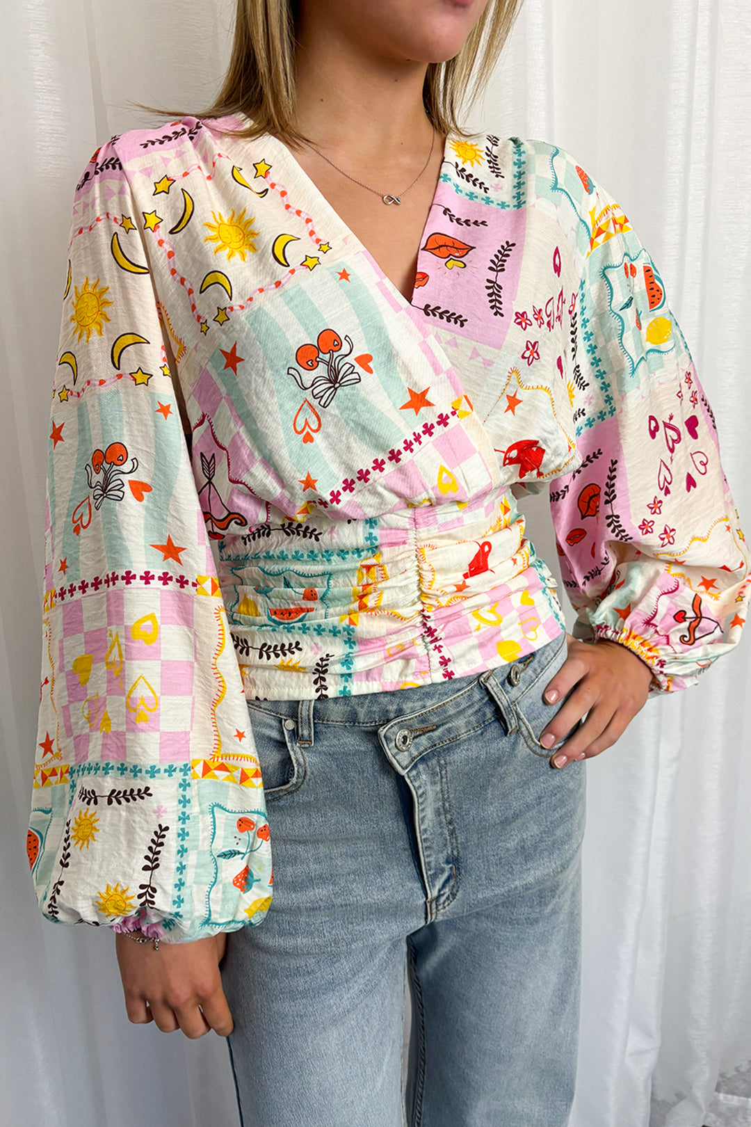Pink Multi Sun & Heart Print Wrapover Blouse