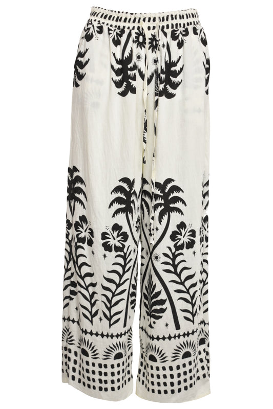 Cream Palm Print Wide Leg Trousers