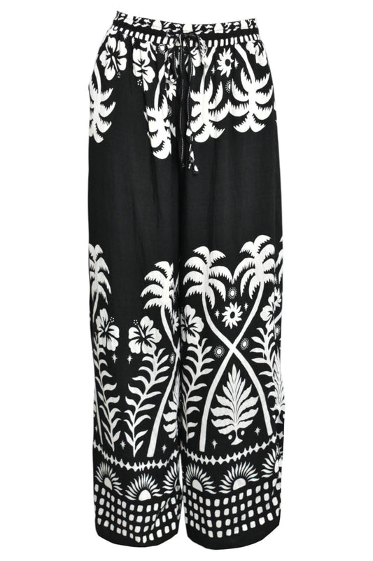 Black Palm Print Wide Leg Trousers