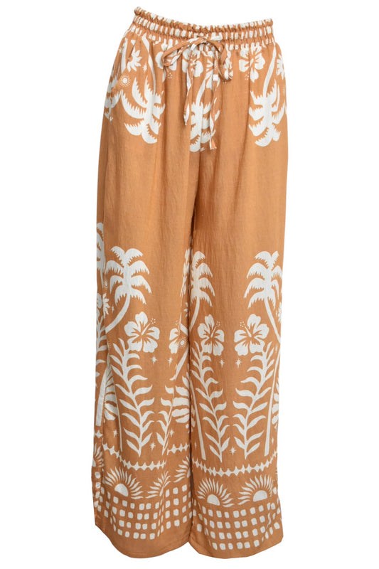 Tan Palm Print Wide Leg Trousers