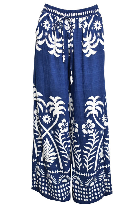 Navy Palm Print Wide Leg Trousers