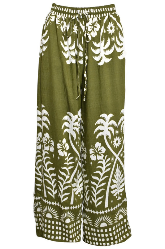 Olive Palm Print Wide Leg Trousers