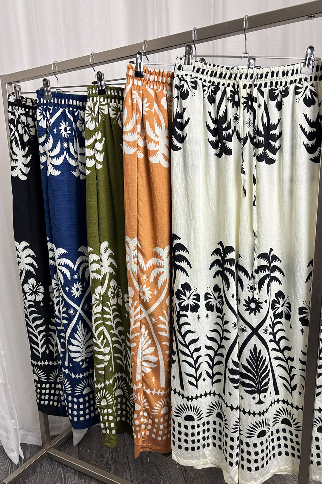 Cream Palm Print Wide Leg Trousers
