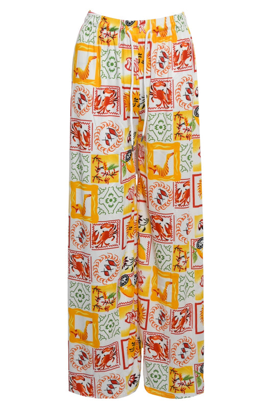 Yellow Summer Stamp Print Wide Leg Trousers