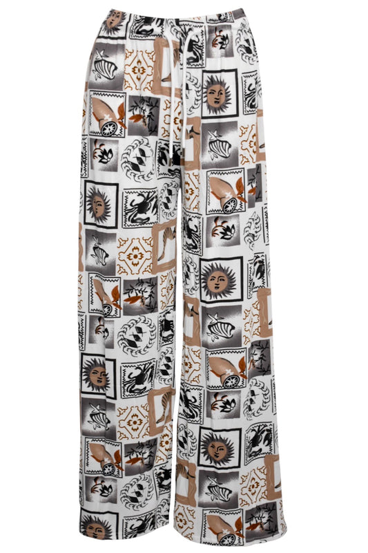 Black Summer Stamp Print Wide Leg Trousers