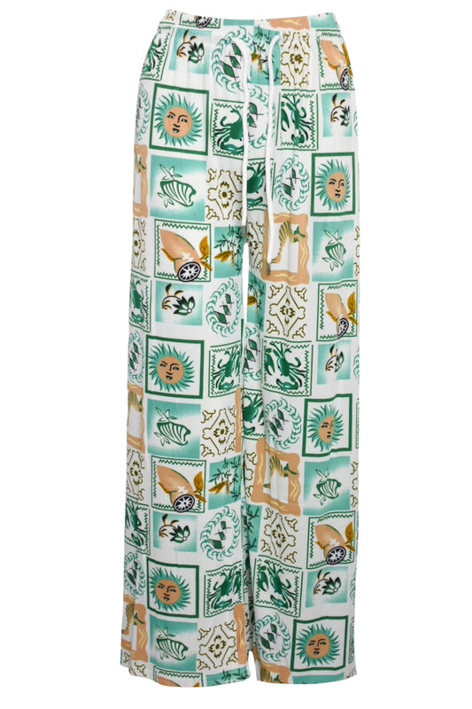 Green Summer Stamp Print Wide Leg Trousers