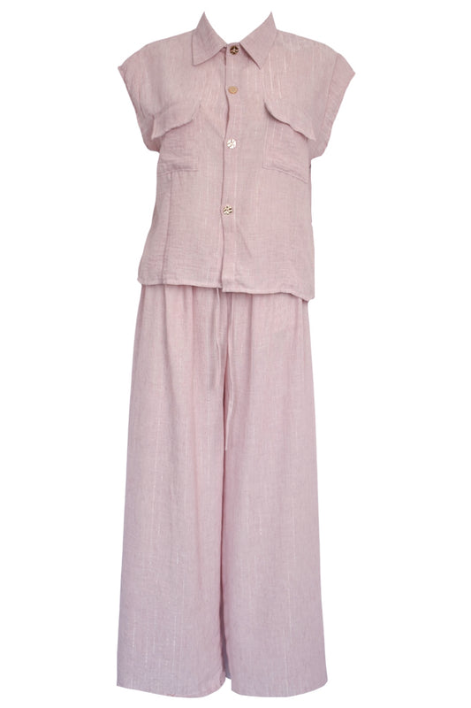 Pink Metallic Stripe Cap Sleeve Trousers Co-ord