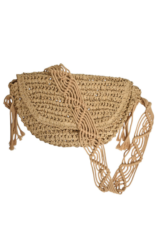 Camel Crochet Strap Cross Body Straw Bag