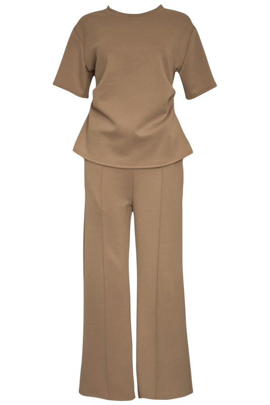 Coffee Ruched Side T-Shirt & Wide Leg Loungesuit