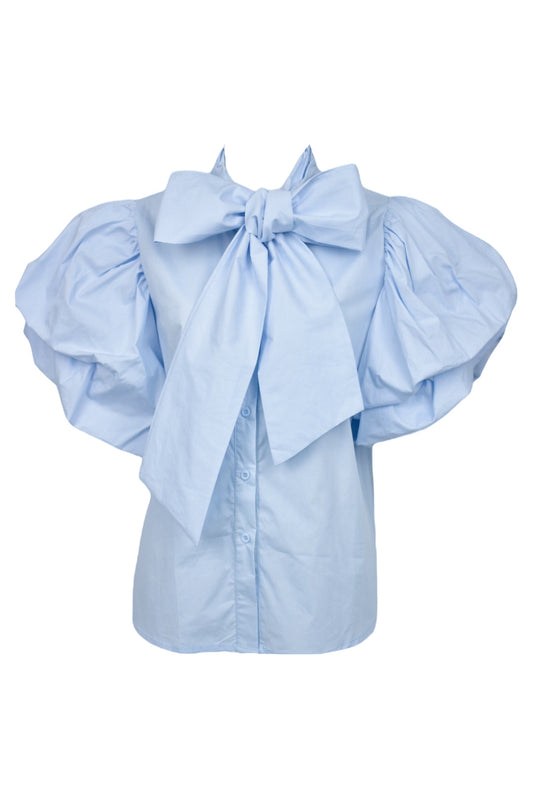 Womens Blue Bow Balloon Sleeve Blouse
