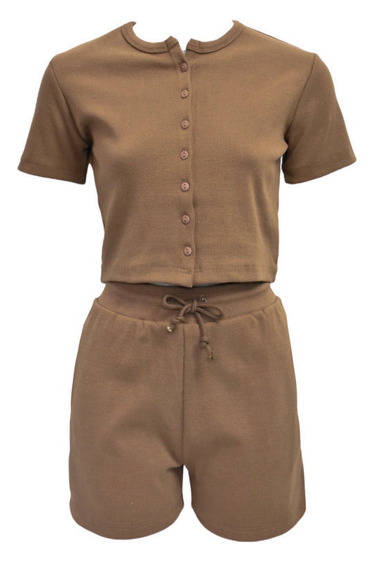 Womens Brown Ribbed Button Up Shorts Co-ord