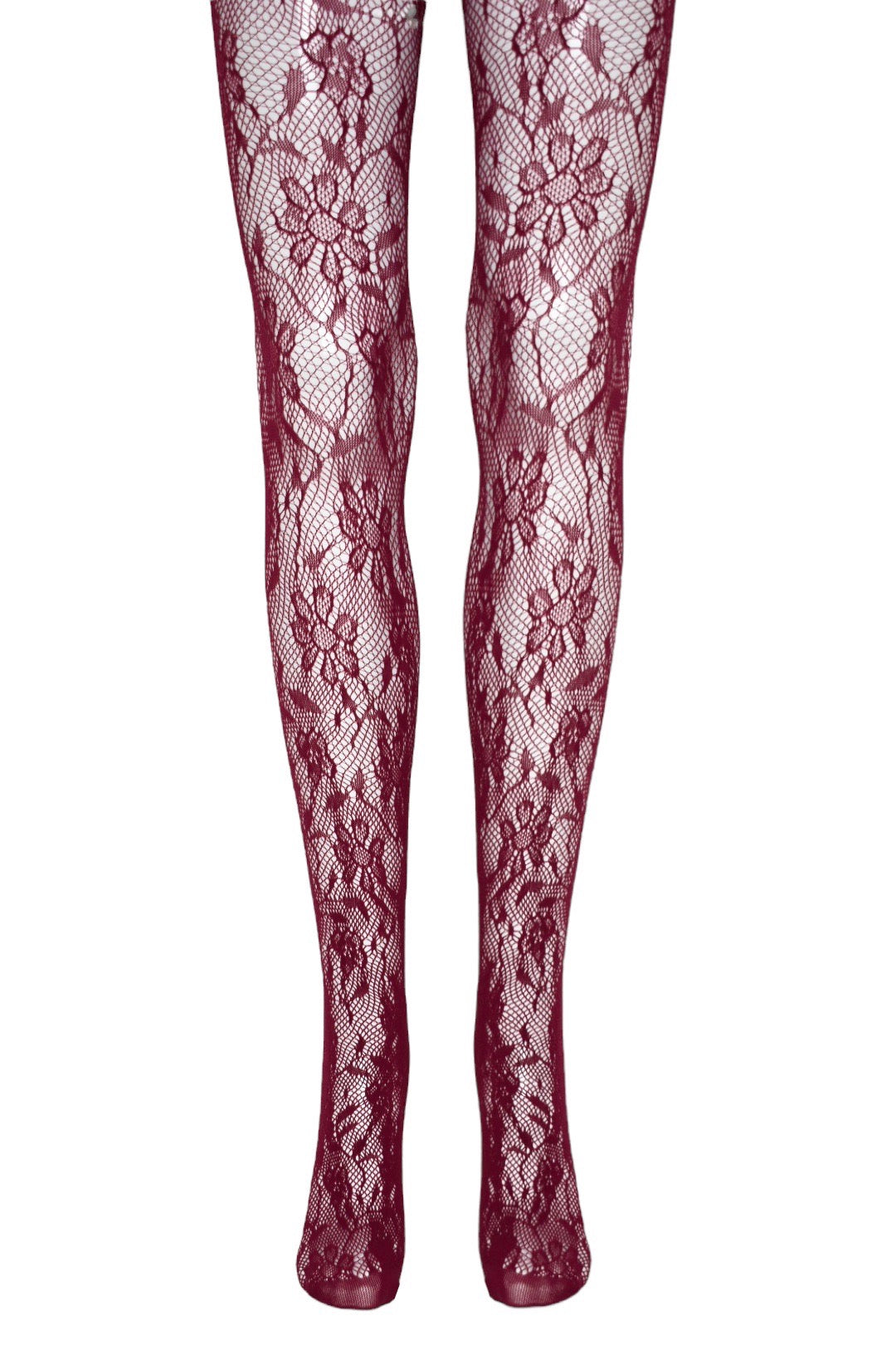 Womens Burgundy Floral Lace Tights