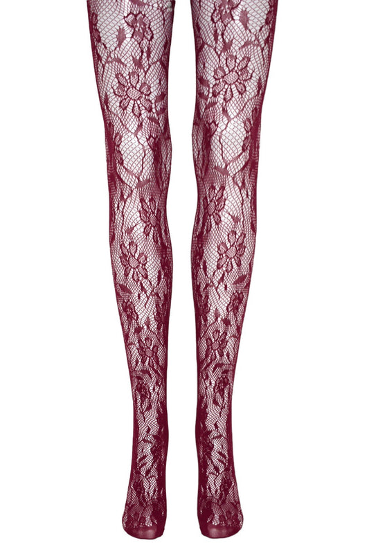 Womens Burgundy Floral Lace Tights