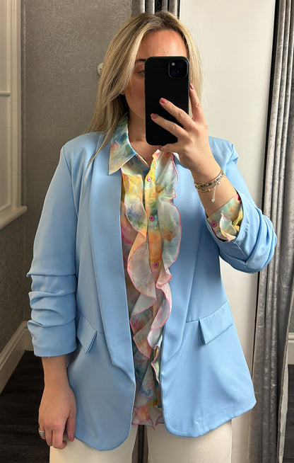 Womens_Light_Blue_Ruched_Sleeve_Blazer Model