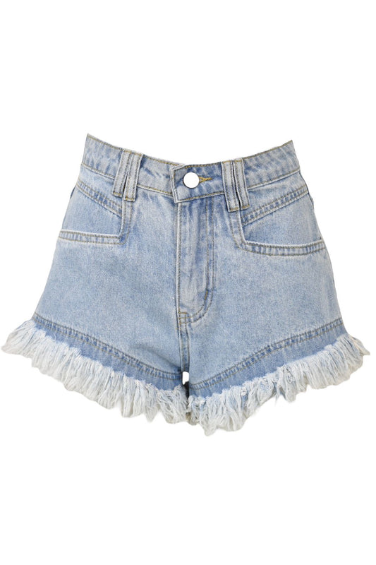 Womens Light Denim Frayed Hem Shorts