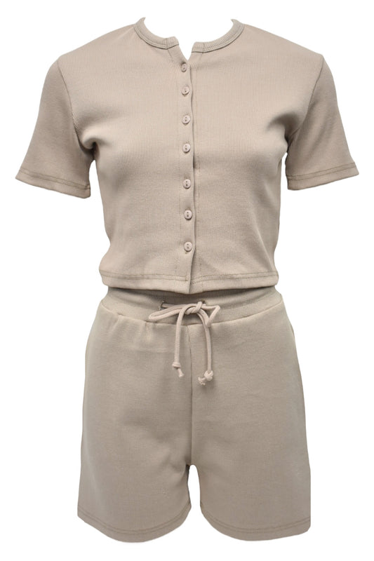 Womens Taupe Ribbed Button Up Shorts Co-ord