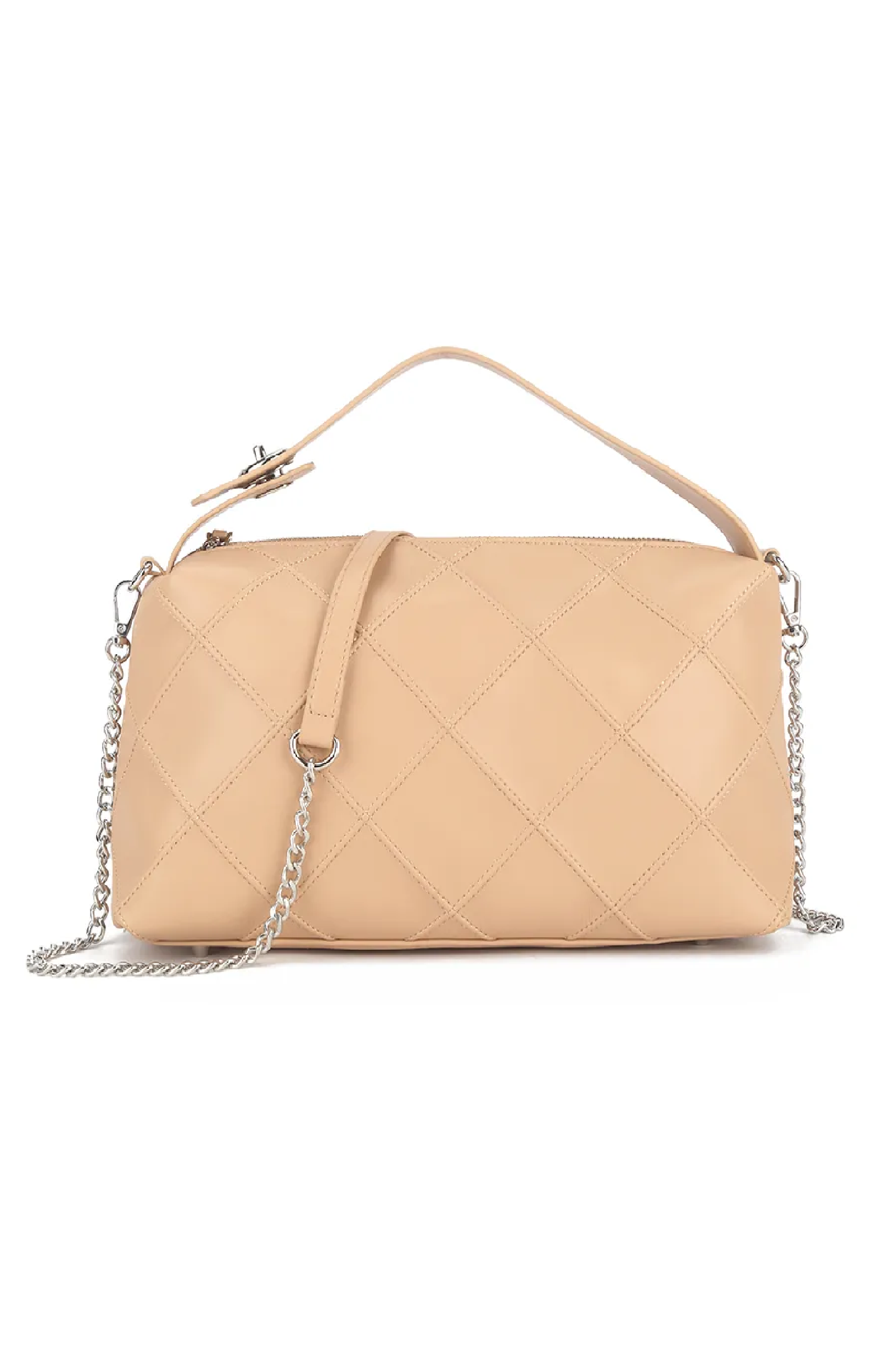 A beige lattice bowling bag with a grab handle and a detachable cross body strap, with silver hardware accents.