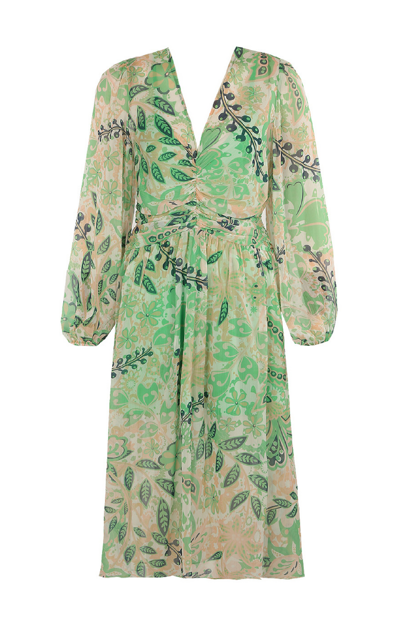 Green & Yellow Floral V Back Dress